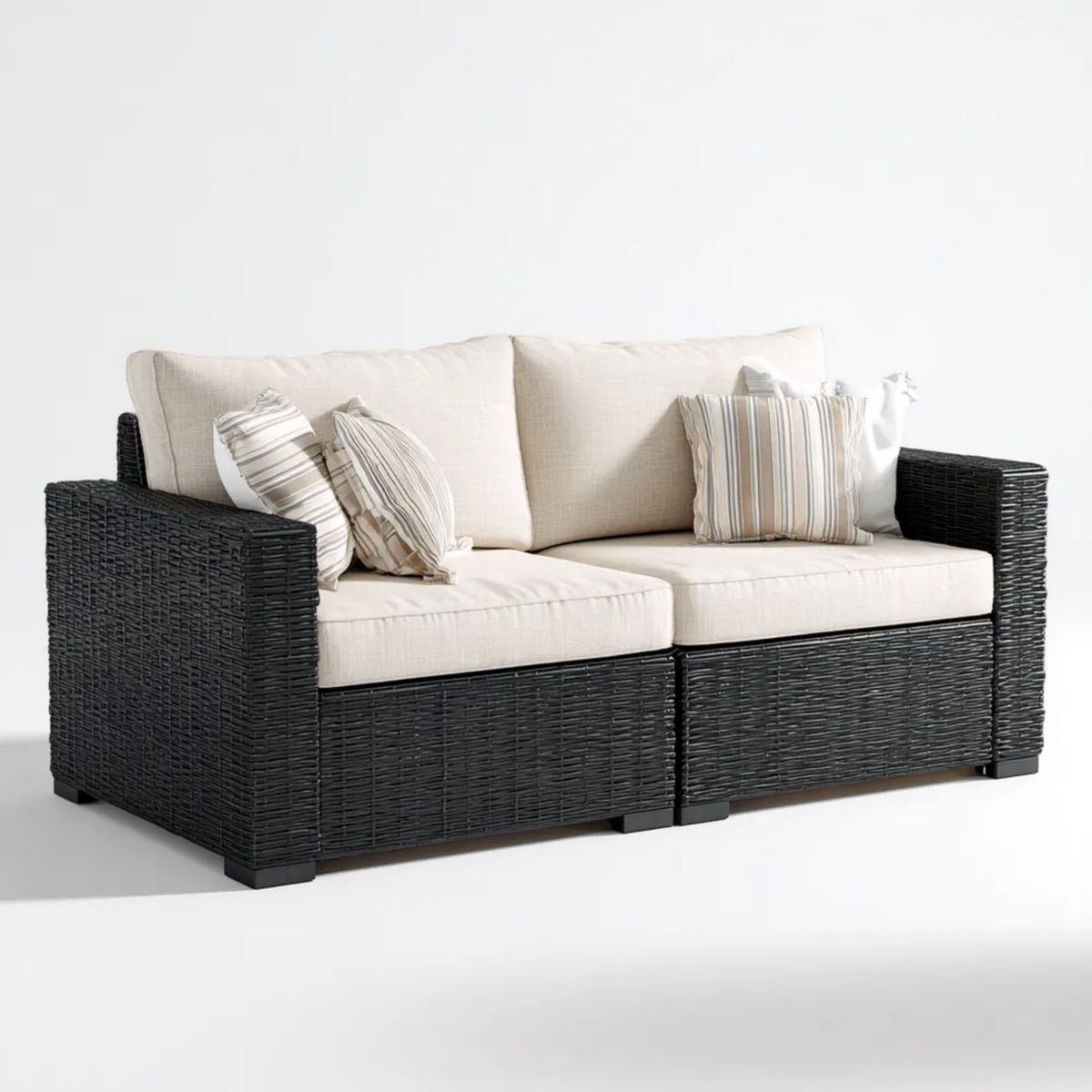Sofa ogrodowa, 2-osobowa ogrodowy sofa w kolorze czarnym żywica z beżowymi poduszkami, 160 x 80 x 75 cm