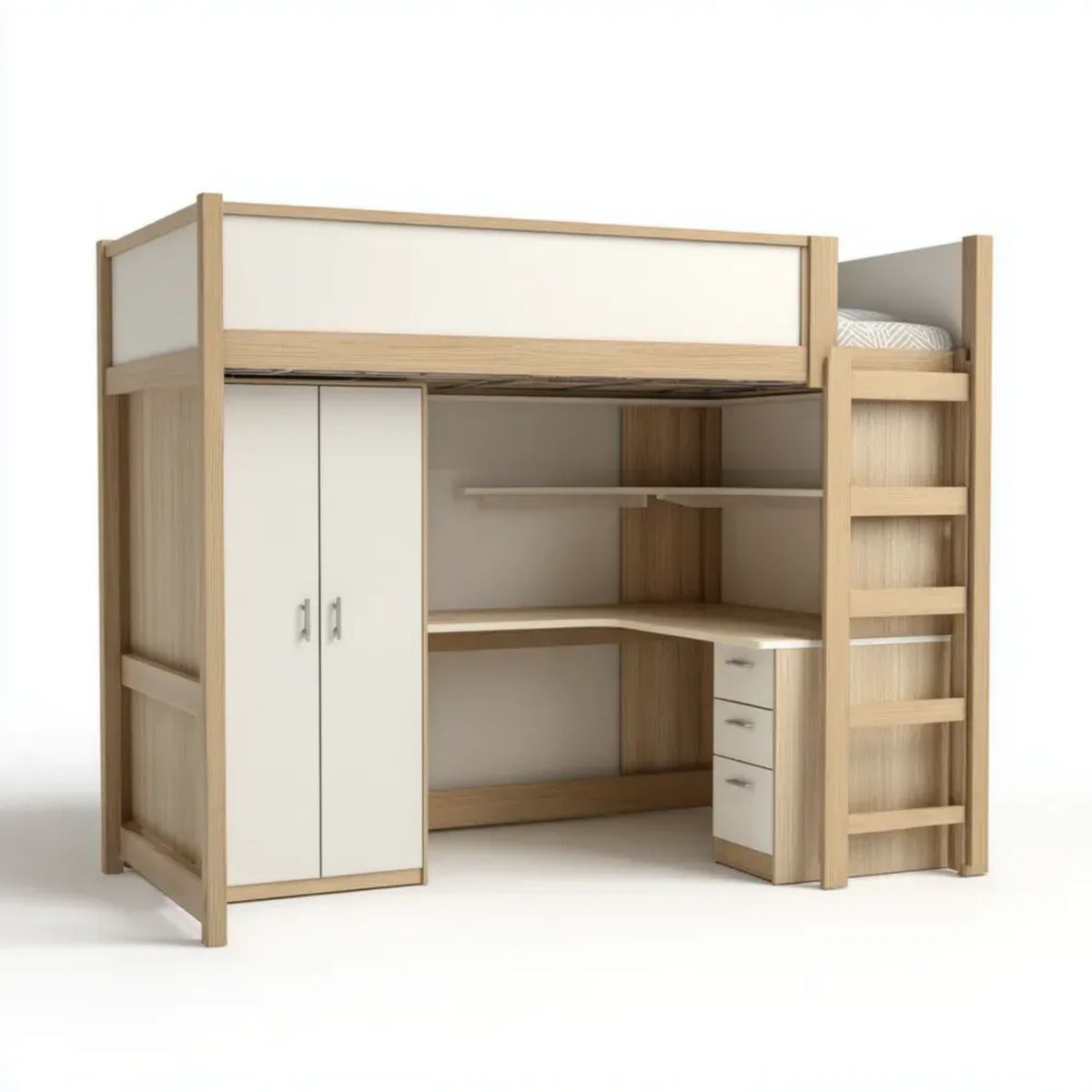 Łóżko dziecięce z deską rozdzielczą, szafa grzewcza i 3 szuflady z deski rozdzielczej Brittlewhite i Brittlelight Dęb w panelach MDF, 204 x 110 x 180 cm, 90 x 190 cm