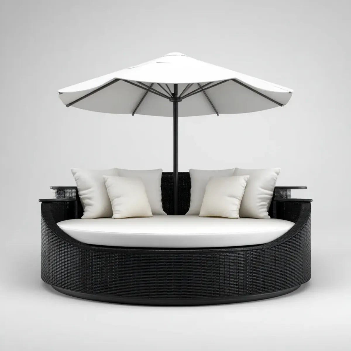 Leżanka ogrodowa, Czarna okrągły ogród z białym poduszką i parasol Ø180 x 200 cm w PE i rattan stalowy