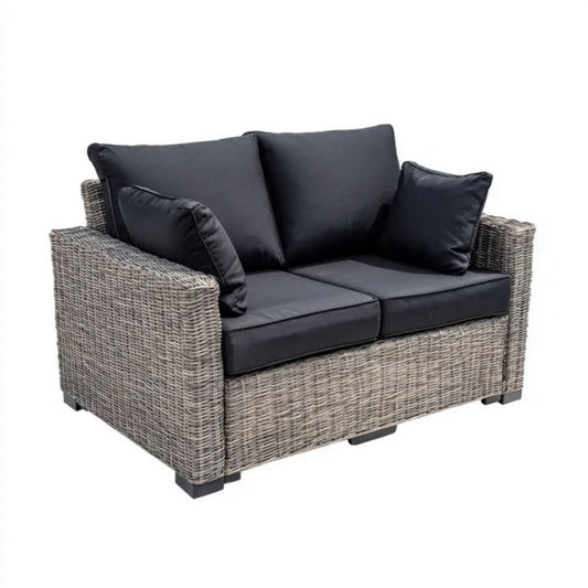 Sofa ogrodowa, 2-osobowa ogrodowy sofa ogrodowa w kolorze szarym żywica z czarnym poduszką, 130 x 80 x 85 cm