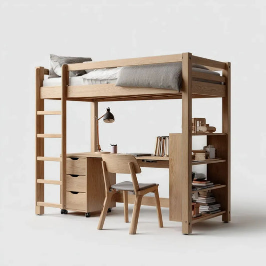 Łóżko dziecięce z na antresoli w Dębie Dubrowniczym z desk, biblioteką i szufladą Delfiny, śpiące 90 x 200 cm, 204 x 105 x 180 cm