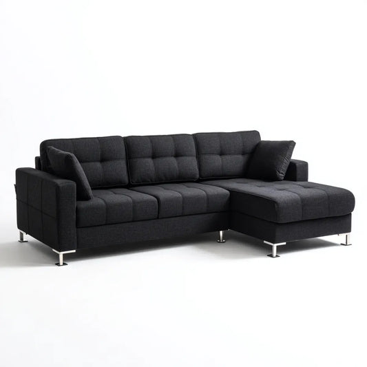 Sofa, Kanapa narożna z szezlongiem Czarna 250 x 160 x 85 cm poliestrowy kształt L