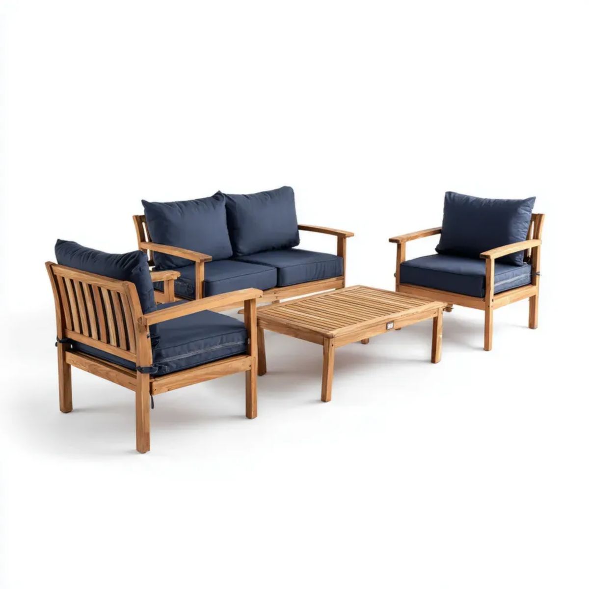 Zestaw wypoczynkowy ogrodowy, Ogród Meble 4 kawałki w Belicourse Brązowe Drewno z Belicourse Błękitne poduszki, Sofa 120 x 65 x 75 cm, fotele 65 x 65 x 75 cm i stół 100 x 60 x 45 c, 100 x 60 x 45 cm