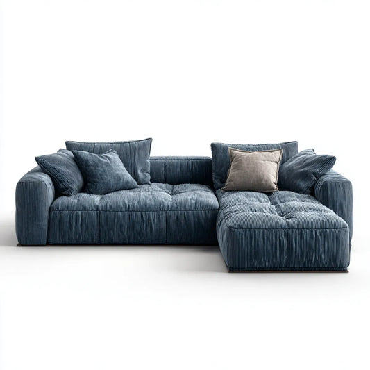 Sofa, Kanapa narożna z recyrem po prawej ciemnoniebieskiej 280 x 165 x 85 cm poliestrowej pokrywy kordu kształt L
