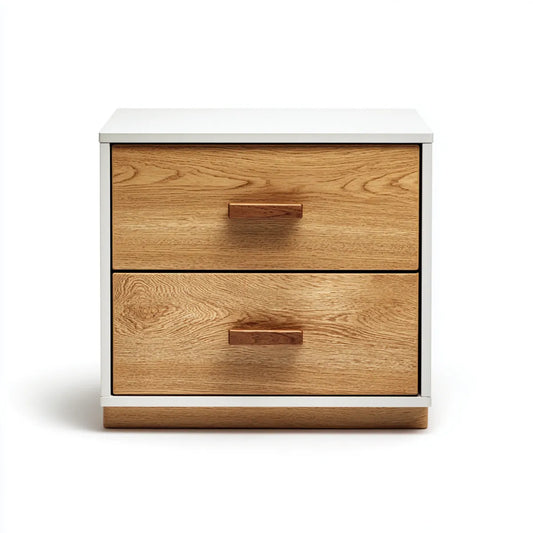Szafka nocna, Stół z 2 szufladami z białym i dębowym 60 x 40 x 60 cm w MDF i prostokątnych fornirach dębowych