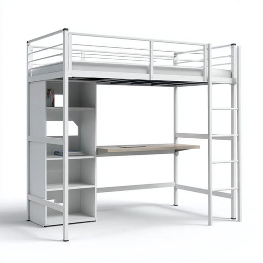 Łóżko dziecięce z metalową blachą 90 x 190 cm z metalową blachą i MDF z deską rozdzielczą, drabinką i półkami, 198 x 96 x 180 cm