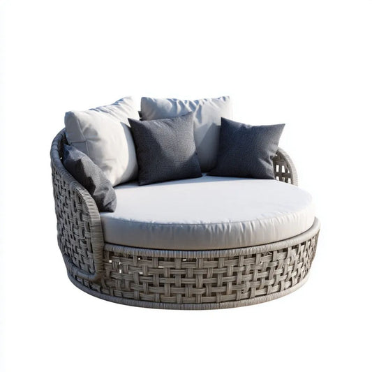 Sofa ogrodowa, Zaokrąglony ogród sofa 2 miejsca szaro-białe w rattan PE, 160 × 130 × 85 cm