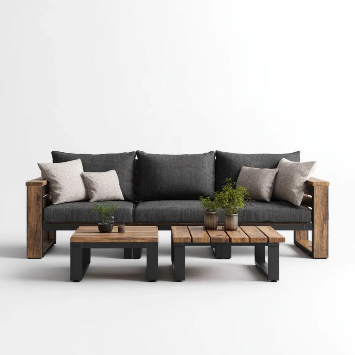 Zestaw wypoczynkowy ogrodowy, Meble ogrodowe na zewnątrz 3 fotele z 2 prostokątnymi stołami w Acacia i Stal Agregat, antracyt Granaszary, 220 x 75 x 78 cm