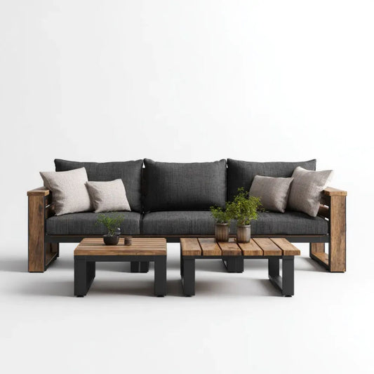 Zestaw wypoczynkowy ogrodowy, Meble ogrodowe na zewnątrz 3 fotele z 2 prostokątnymi stołami w Acacia i Stal Agregat, antracyt Granaszary, 220 x 75 x 78 cm