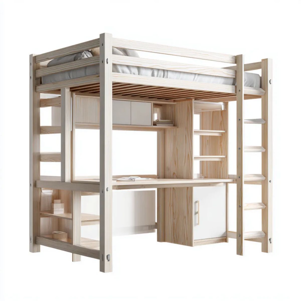 Łóżko na antresoli, Dziecko na antresoli łóżko 90 x 200 cm w Belisolid z biurkiem, szafa i półki, Belinatural i Belicobal biały, 204 x 130 x 185 cm