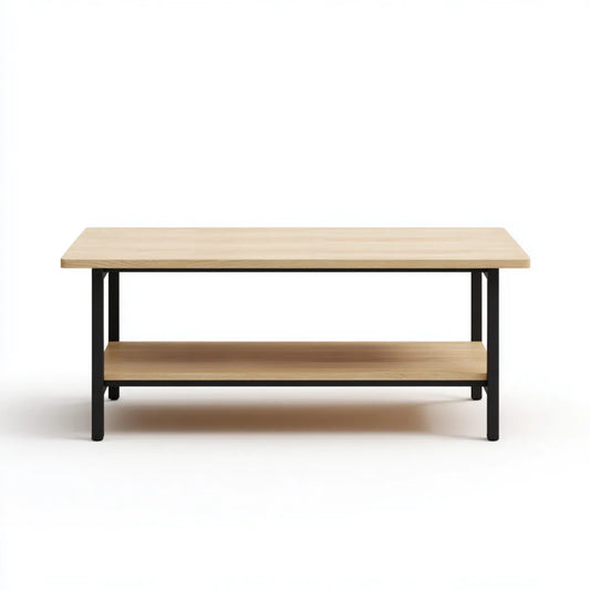 Stolik kawowy, Prostokątny beżowy i czarny stolik do kawy 100 x 50 x 45 cm w bambusie i stali