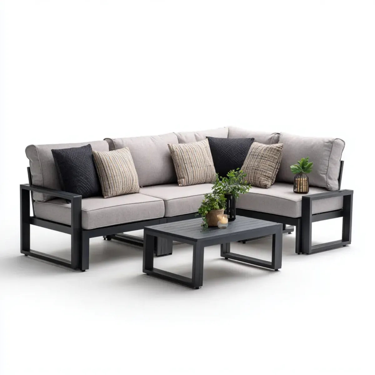 Sofa ogrodowa, Meble ogrodowe z 4 miejscami w kolorze szarym i czarnym aluminium ze stołem do kawy 220 x 160 x 72 cm