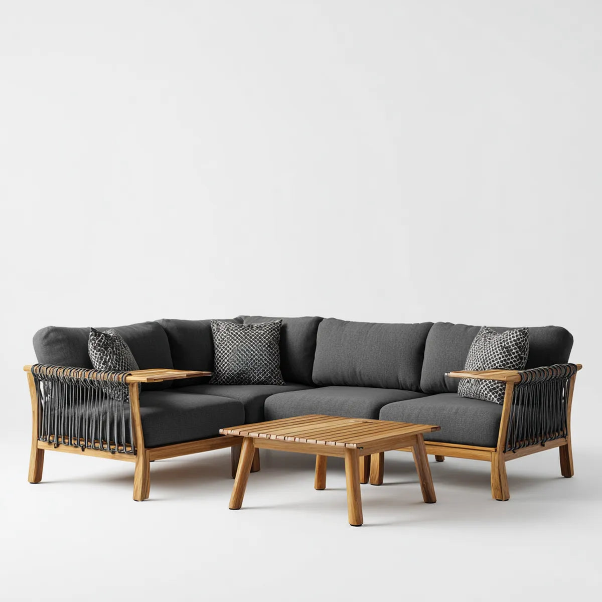 Sofa ogrodowa, Meble ogrodowe narożniki 4 miejsca naturalny antracyt czarny w stałej akacji z PP liny 220 x 220 x 73 cm i stolik kawowy 100 x 60 x 40 cm