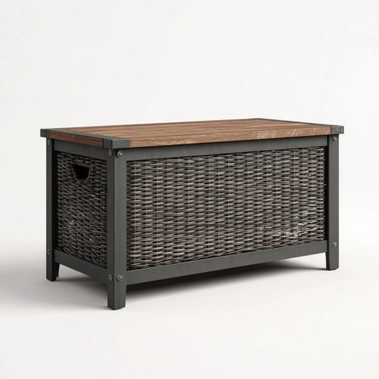 Skrzynia magazynowa z pokrywą Brązowy Czarny 100 x 45 x 55 cm z rattanu MDF PE i stali prostokątnej