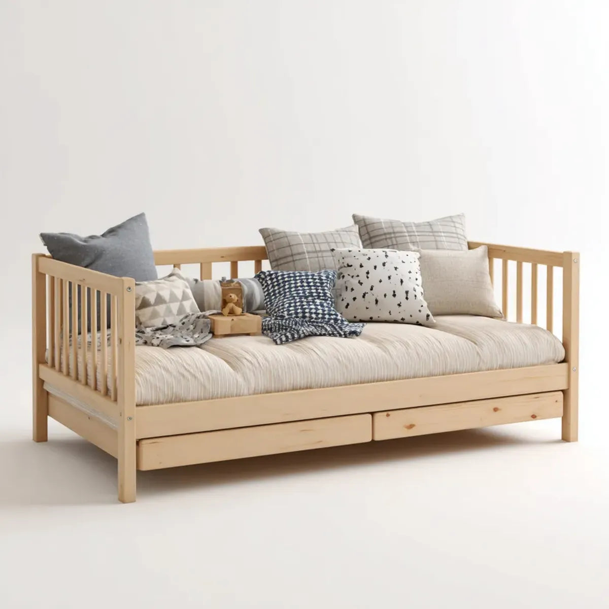 Łóżko dziecięce z bocznikami i 2 naturalnymi szufladami 140 x 70 cm w litym prostokątnym drewnie sosnowym
