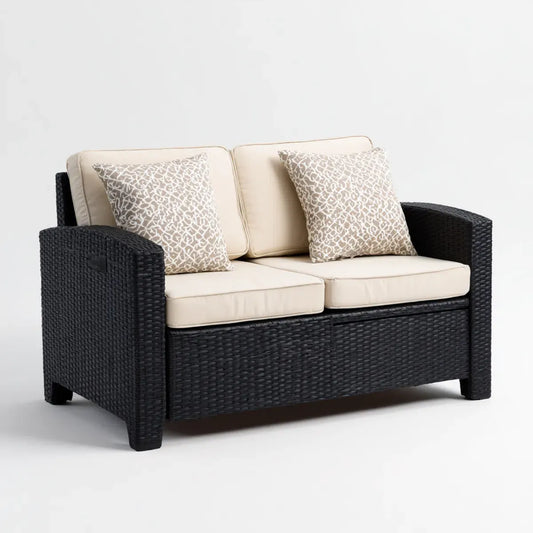 Sofa ogrodowa, 2 fotela czarna i beżowa sofa ogrodowa z tkanej żywicy PE 124 x 70 x 78 cm prostokątna z poduszkami