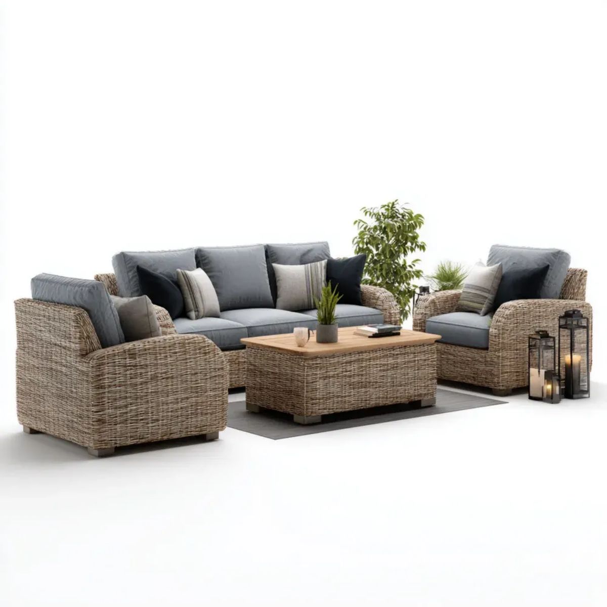 Zestaw wypoczynkowy ogrodowy, Ogród Meble 4 elementy w PE rattan beżowy, szary i biały brązowy, sofa 3 miejsca 210 x 85 x 78 cm